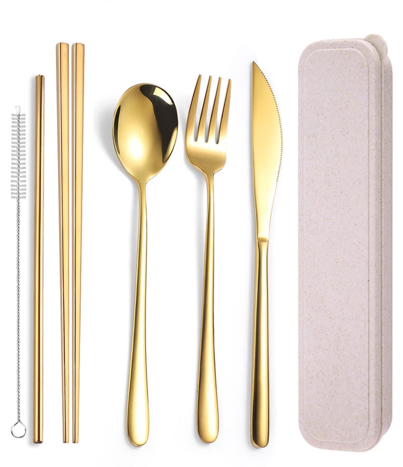 AARAINBOW 6 Pieces 18/8 Stainless Steel Flatware Set Portable Reusable Cutlery Set Travel Utensils Set Including Chopsticks Knife Fork Spoon Straws Cleaning Brush Dishwasher Safe (Golden) - Image 1